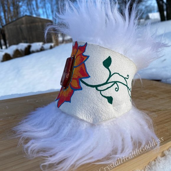 Sheepskin Hand Painted Statement Wrap Bracelet With Healing Stones - Picture 8 of 8